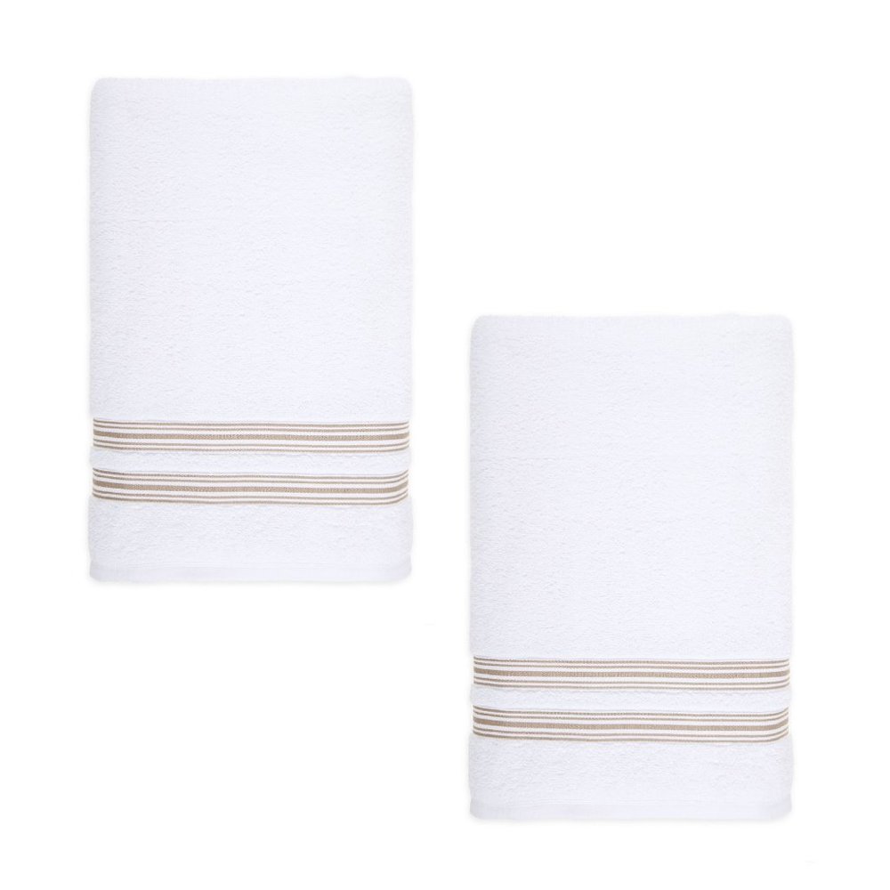 2 Nestwell 100% Hygro Cotton 34x68" BATH Sheets - WHITE w/ TAN Fashion Stripes
